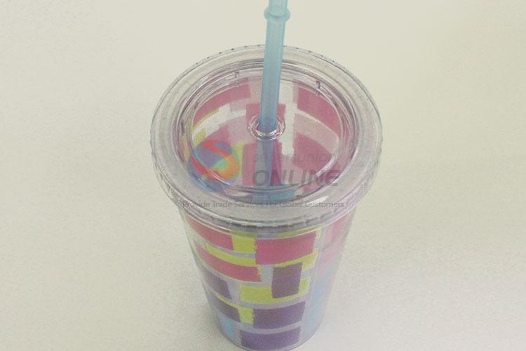 Simple Cute Cartoon Colorful Pattern Water Cup Tea Cup Plastic Cup with Straw