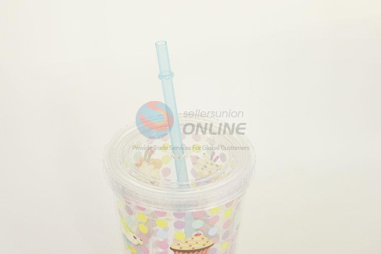 Serviceable Cup Cake Pattern Plastic Creative Fruit Juice for Summer Water Bottles Ice Plastic Cup with Straw