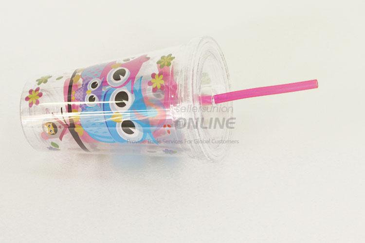 Factory Direct Cartoon Owl Family Printed Plastic Creative Fruit Juice for Summer Water Bottles Ice Plastic Cup with Straw