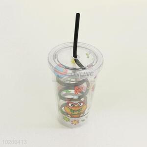 Wholesale Plastic Transparent Color Cartoon Owl Printed Cup with Black Straw Creative Tea Cup Potable Cup