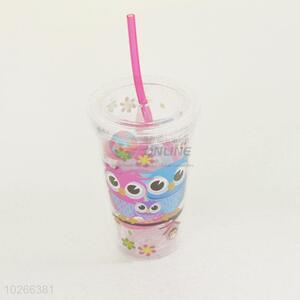 Factory Direct Cartoon Owl Family Printed Plastic Creative Fruit Juice for Summer Water Bottles Ice Plastic Cup with Straw