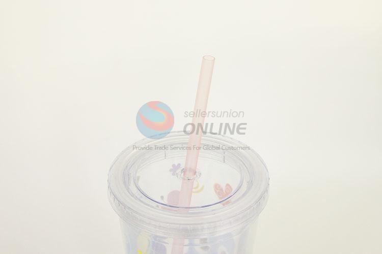 Cartoon Owl Pattern Plastic Creative Fruit Juice for Summer Water Bottles Ice Plastic Cup with Straw