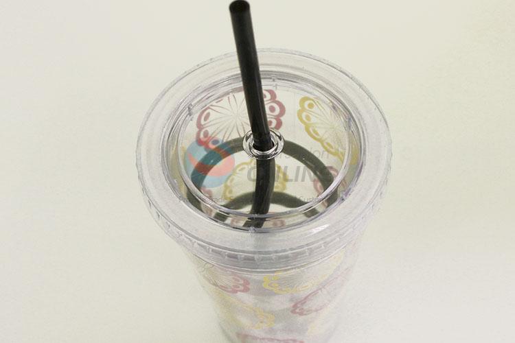 Portable Flowers Pattern Portable Water Bottle Water Cup with Black Straw