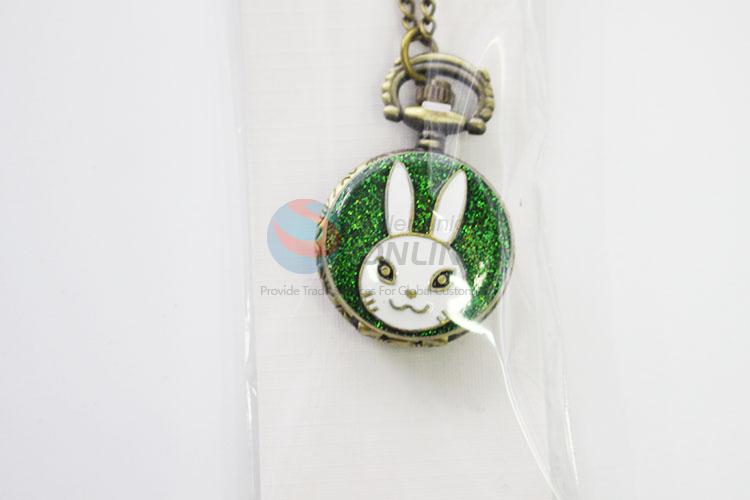 Rabbit Pattern Green Metal Quartz Pocket Watches with Chain