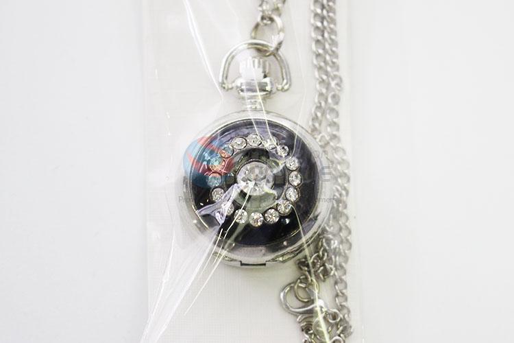 Wholesale Quartz Movement Rhinestone Decorative Silver Metal Pocket Watches with Chain