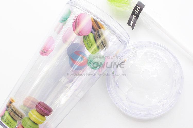 Hot Sale Macarons Pattern Plastic Water Cup With Lollipop Straw