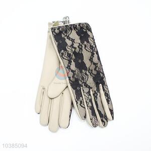 Women Dresses PU Leather Gloves Winter Warm Lace Gloves