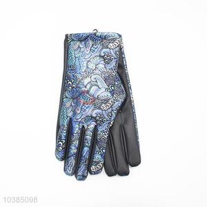 Vintage pu gloves ladies warm winter printed gloves