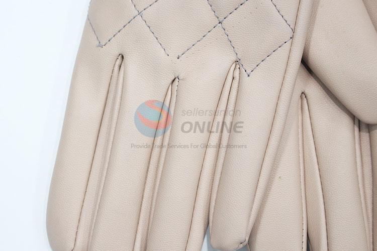 Women Warm Quilting PU Leather Gloves with Zipper