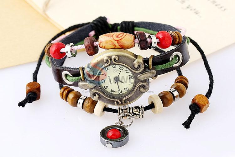 Fashion Beaded Design Leather Bracelet Wristwatch