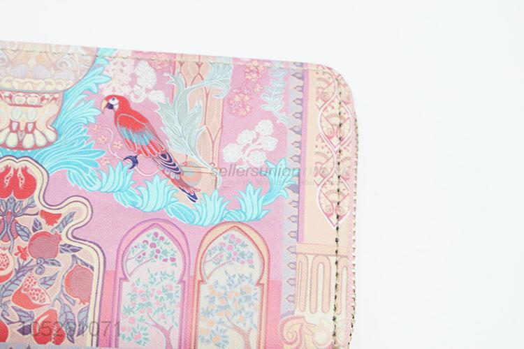 Luxury Women Zipped Cheap PU Leather Cartoon Brid Pattern Long Wallet