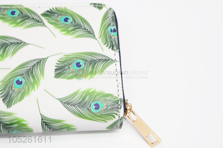 Peacock Feather Printed PU Leather Clutch Wallet for Women