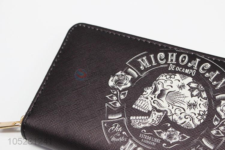 Black Color Punk Style Cool Printed Slim Woman Long Wallet