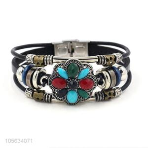 Wholesale new multilayer retro leather bracelet with alloy flower