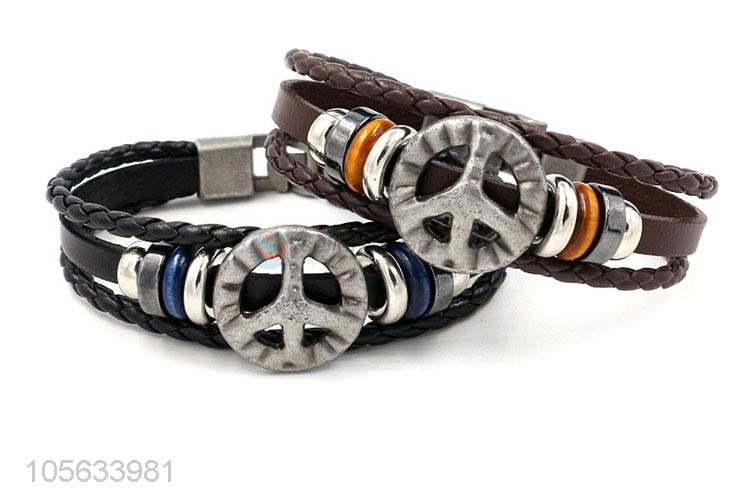 Factory sales handmade mens leather bracelet retro alloy braided bracelet