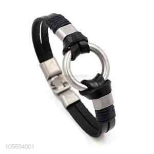 Low price multitier vintage men leather bracelet with circle charms