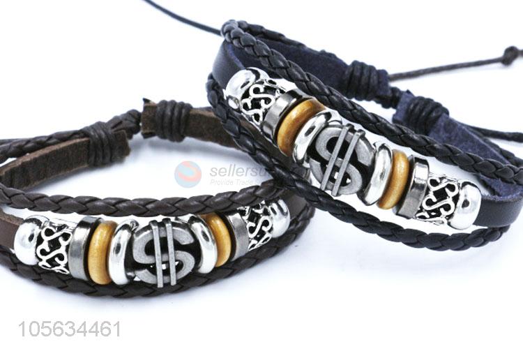 Wholesale cheap handmade mens leather bracelet retro alloy braided bracelet