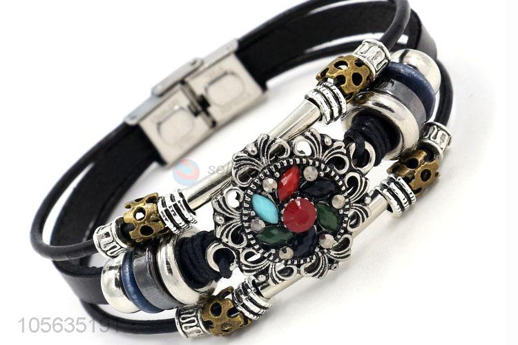 Factory OEM handmade mens leather bracelet retro alloy bracelet