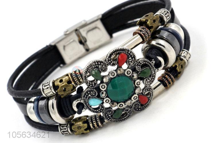 Bottom price retro styles handmade mens leather bracelets with charms