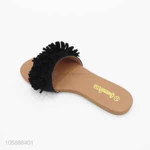 Superior quality stylish women faux suede fringe peep toe slippers