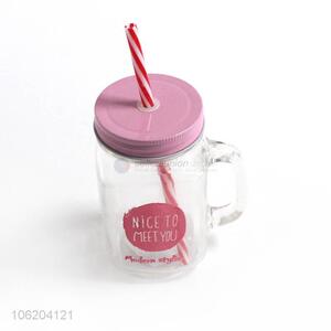 Wholesale 450ml glass drinking water cup with plastic straw