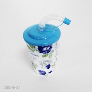 High quality floral plastic cup with straw