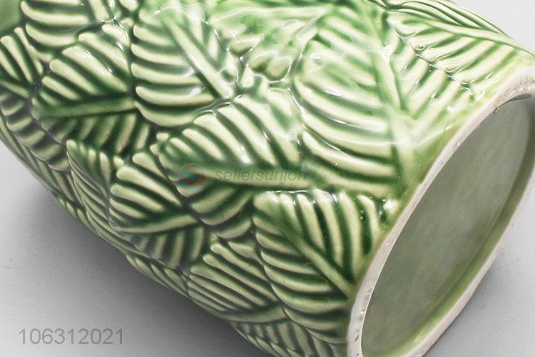 Factory price leaf embossed design green ceramic vase