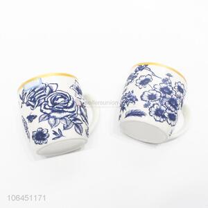 OEM factory blue flower pattern ceramic cup with handle