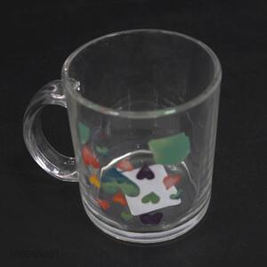 Hot selling fashion heart printed glass cup with handle