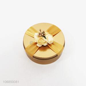 Factory price golden round tin candy box gift box with ribbon