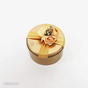 Wholesale exquisite golden round tin box gift box with ribbon