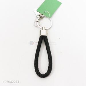 Wholesale Simple Black Genuine Leather Key chain With Metal Ring
