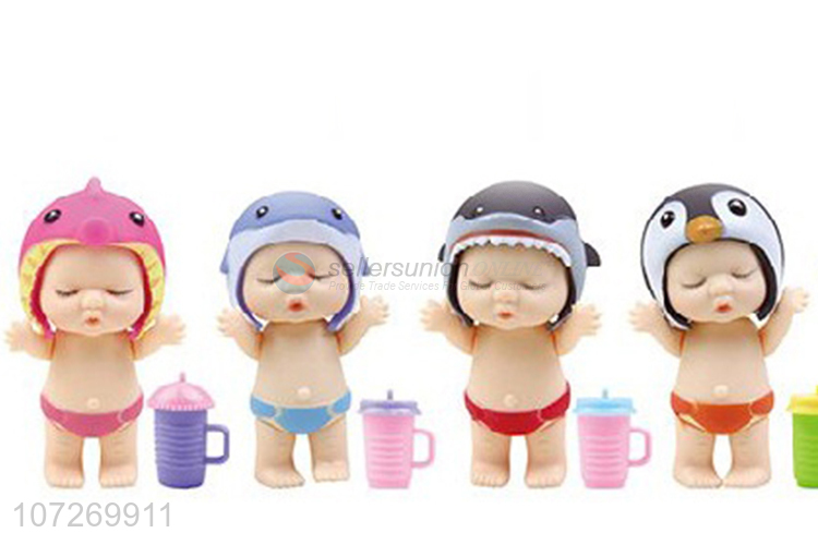 Premium quality can drink water and pee 3.5 inch vinyl baby doll with feeding bottle and sea animal cap