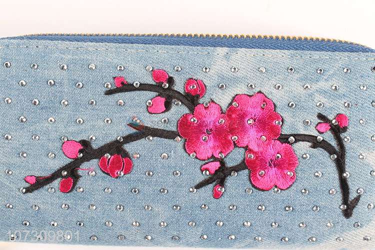 Superior quality denim fabric embroidered ladies purse women wallet