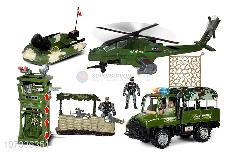 Latest Inertial Military Vehicle Retractable Tent Fighter Aircraft Rubber Boat Lift Watchtower Toy Set