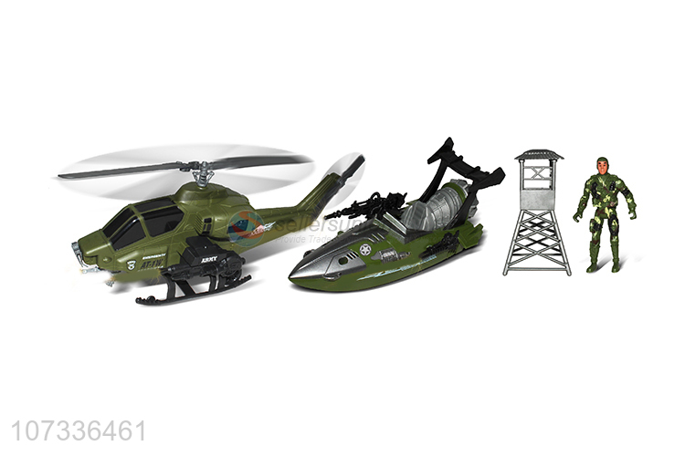 New Design Inertial Helicopter Watchtower Combatant Ship Military Toys Set