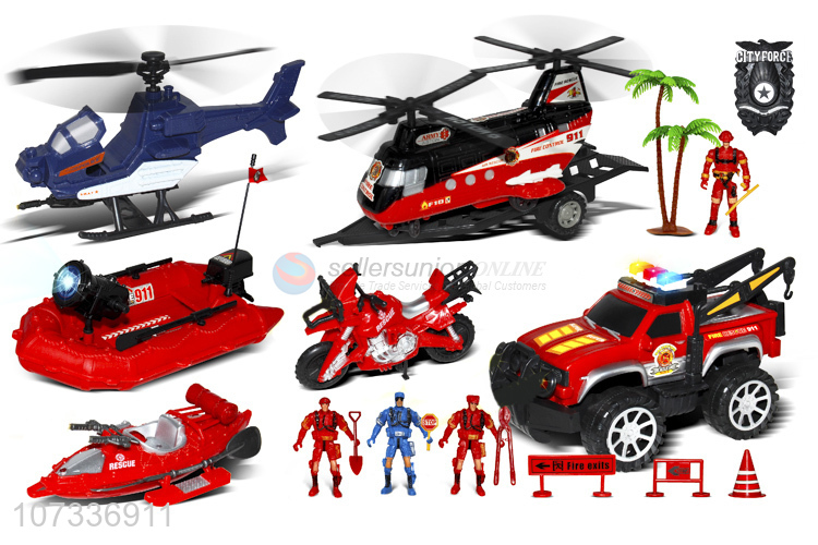 Good Sale Helicopter Rubber Boat Motorcycle Inertial Rescue Vehicle Toy Set