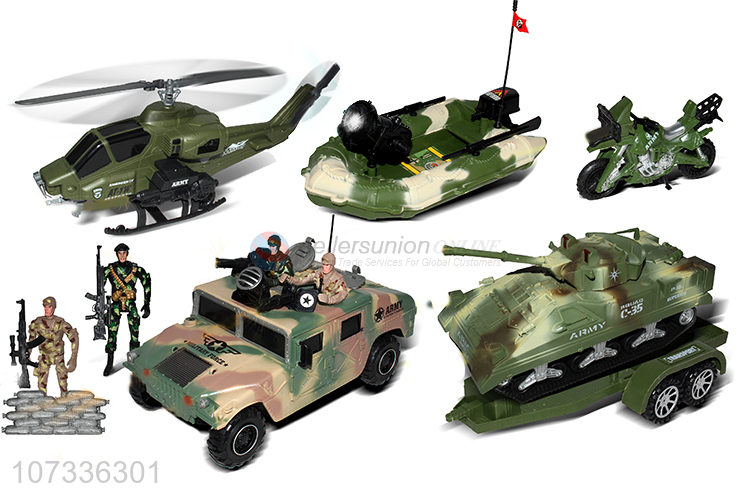 Battlefield Vehicle Inertial Tank Rubber Boat Inertial Helicopter Battlefield Motorcycle Set Toy