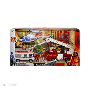 Best Sale Plastic Helicopter Ambulance Inertial Ladder Fire Truck Toy Set