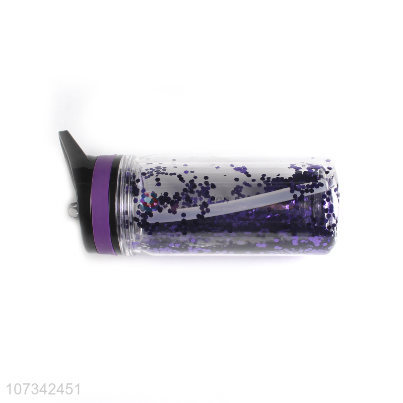 Wholesale Double Layer Glitter Water Bottle With Straw