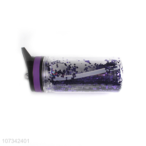 Good Quality Double Layer Glitter Water Bottle With Straw