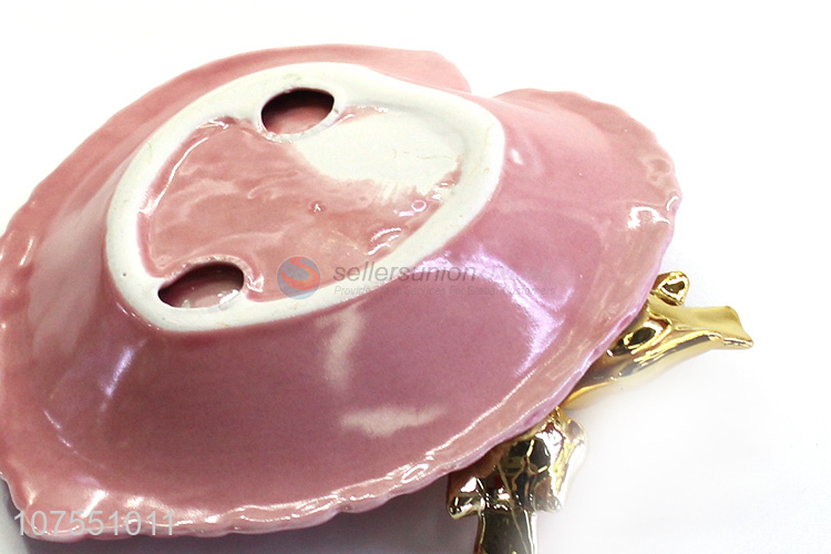 Hot Sale Ceramic Leaf Shape Pink Ceramic Plate For Birds Decoration