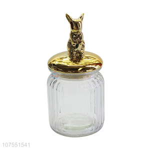 Hot Selling Glass Storage Bottle With Gold Rabbit Ceramic Lid