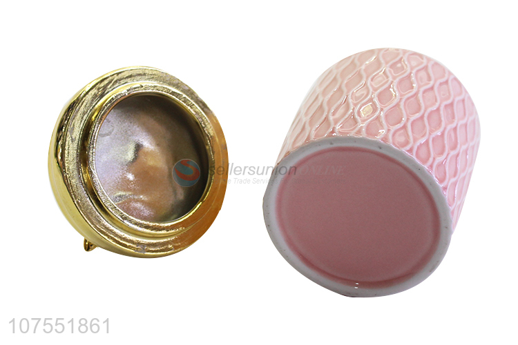 Unique Design Pink Ceramic Storage Jar With Gold Butterfly Ceramic Lid