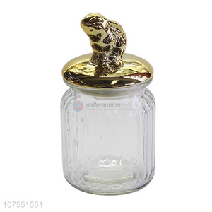 Competitive Price Glass Storage Jar With Gold Ceramic Rabbit Lid