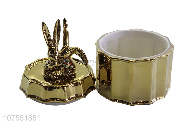 New Product Gold Ceramic Storage Jar With Two Rabbit Decoration Ceramic Lid