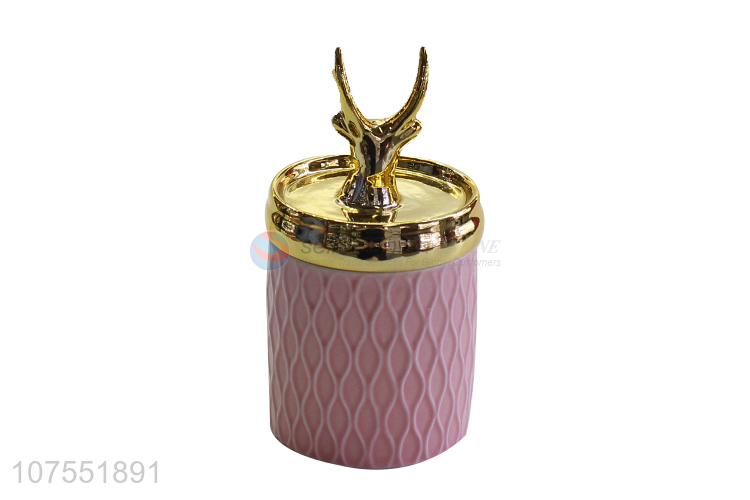 New Design Pink Ceramic Storage Jar With Gold Deer Ceramic Lid