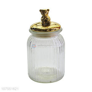 Factory Selling Household Clear Glass Storage Jar With Bear Ceramic Lid