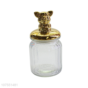 New Product Glass Storage Bottle With Gold Bear Ceramic Lid