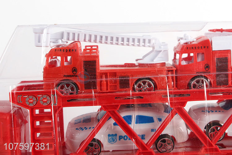 China manufacturer inertia friction fire trailer truck toy set with police cars